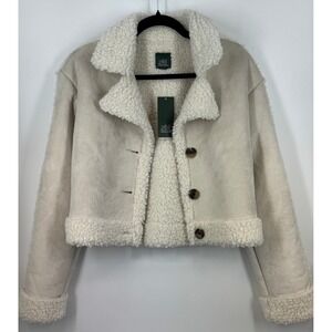 Cottagecore Teddy Sherpa Jacket Faux Suede Cream Beige Cropped Button Front XS